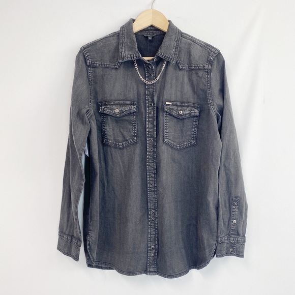 GUESS Collar Chain Chambray snap button shirts black  L - Picture 2 of 9